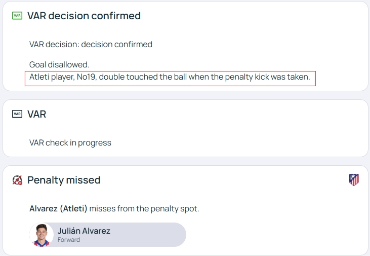 官方明確！歐冠官網(wǎng)：阿爾瓦雷斯罰點(diǎn)時(shí)2次觸球，VAR決定進(jìn)球無(wú)效