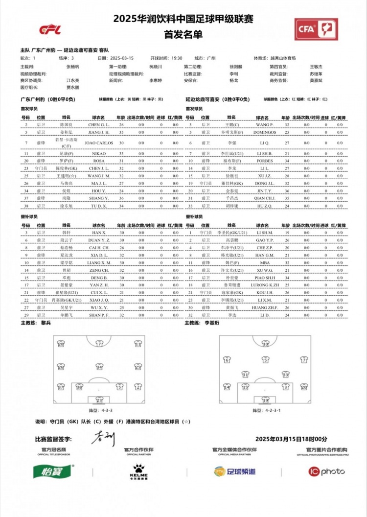 廣州豹vs延邊龍鼎首發(fā)：卡洛斯、羅薩、尼康三外援領銜廣州豹